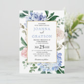 ダスティーブルーのハイドランジアとパステルピンクのローズのウェディング 招待状 (スタンド正面)