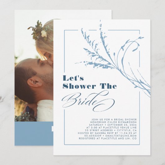 ダスティーブルーのパンパスグラス ボーホー ブライダルシャワー フォト 招待状 (正面/裏面)