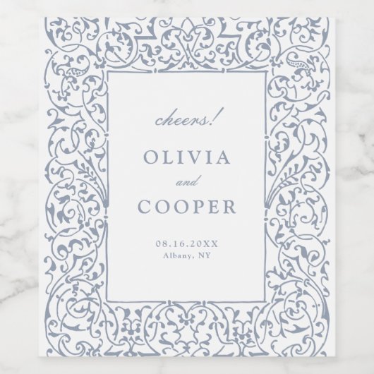 ダスティーブルーのビンテージオルネートフレーム クラシックウェディング ワインラベル (シングルラベル)