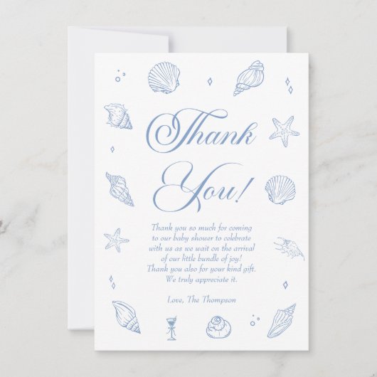 ダスティーブルーのビーチ沿いのベイビーシャワー サンキューカード (正面)