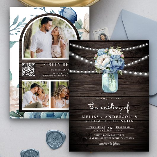 ダスティーブルーのピーオニーメイソンハーQRコードウッドウェディング 招待状