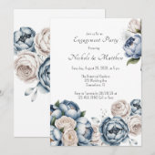 ダスティーブルーのピーコックローズ＆グリッターエンゲージメントパーティー 招待状 (正面/裏面)