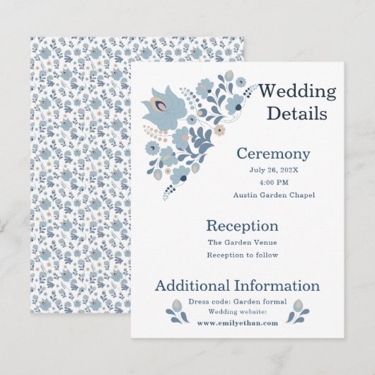ダスティーブルーのフォークフラワーの結婚式の詳細 エンクロージャーカード (正面/裏面)