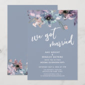 ダスティーブルーのペイントされた花柄 ウェディングレセプション 招待状 (正面/裏面)