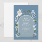 ダスティーブルーのボヘミアンベイビー イン ブルーム ベイビーシャワー 招待状 (正面/裏面)