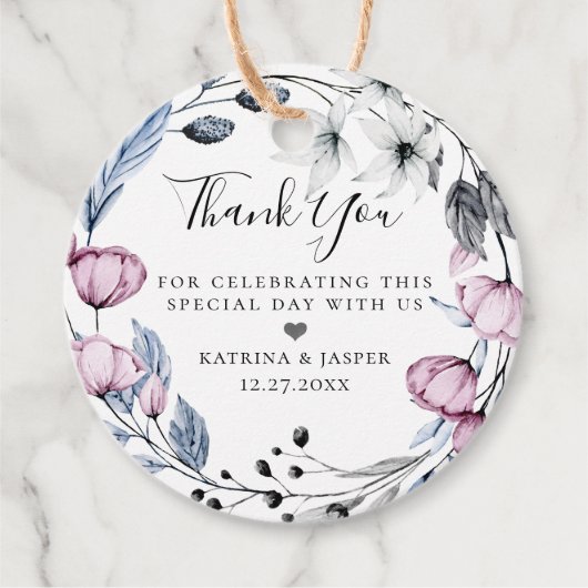 ダスティーブルーのマーブルの花輪のウェディング フェイバータグ (正面)