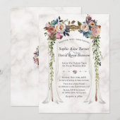 ダスティーブルーのミスティーフラワーのキャノピー大理石ウェディング 招待状 (正面/裏面)