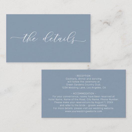 ダスティーブルーのミニマルでシンプルな結婚式の詳細 エンクロージャーカード (正面/裏面)