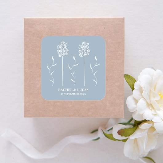 ダスティーブルーのミニマルなカーリーフラワースクエア スクエアシール