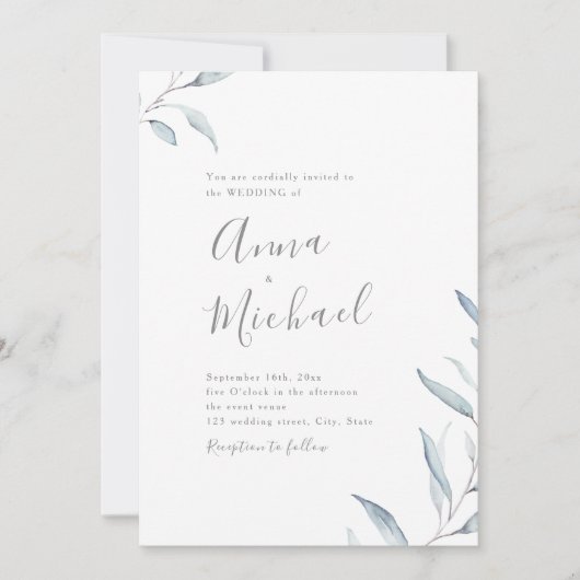 ダスティーブルーのミニマルグリーンの結婚式 招待状 (正面)