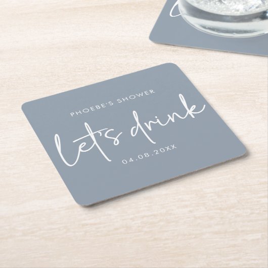 ダスティーブルーのミニマルスクリプト ウェディングシャワーコースター スクエアペーパーコースター (アングル)