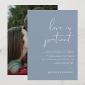 ダスティーブルーのミニマルフォトウェディング延期のお知らせ 案内状 (正面/裏面)