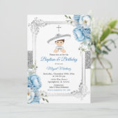 ダスティーブルーのメキシカン男の子洗礼＆誕生日シルバー 招待状 (スタンド正面)