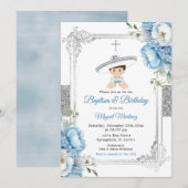 ダスティーブルーのメキシカン男の子洗礼＆誕生日シルバー 招待状 (正面/裏面)