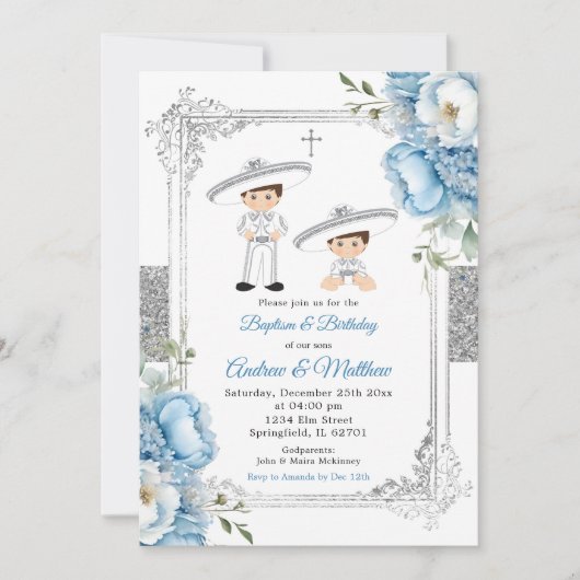 ダスティーブルーのメキシコの兄弟の男の子の洗礼と誕生日 招待状 (正面)