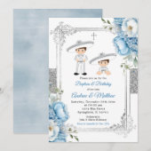ダスティーブルーのメキシコの兄弟の男の子の洗礼と誕生日 招待状 (正面/裏面)
