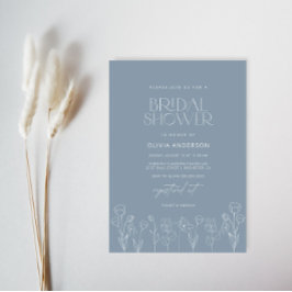 ダスティーブルーのモダンでミニマルな花のブライダルシャワー 招待状