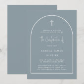 ダスティーブルーのモダンなアーチスクリプト ミニマル確認 招待状 (正面/裏面)