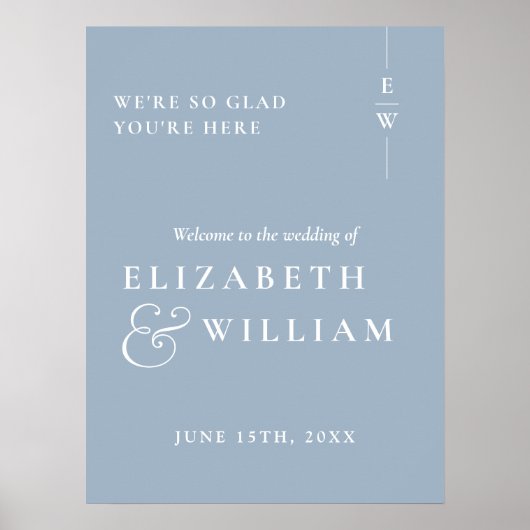 ダスティーブルーのモダンなイニシャル結婚式ウェルカムサイン ポスター (正面)