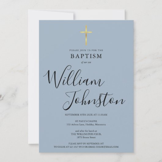 ダスティーブルーのモダンな洗礼・命名式 ゴールドのクロス 招待状 (正面)