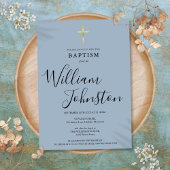 ダスティーブルーのモダンな洗礼・命名式 ゴールドのクロス 招待状