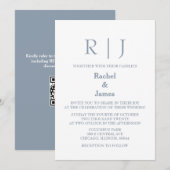 ダスティーブルーのモノグラムQRコード クラシック ミニマル ウェディング 招待状 (正面/裏面)