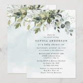 ダスティーブルーのユーカリグリーンが彩る ボヘミアンベビーシャワー 招待状 (正面/裏面)