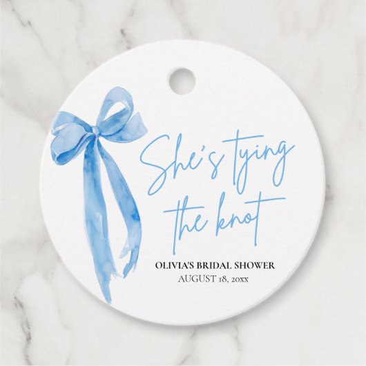 ダスティーブルーのリボン 結婚式のプレシャー フェイバータグ (正面)