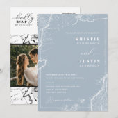 ダスティーブルーのレトロなトラベルQRコード写真ウェディング 招待状 (正面/裏面)