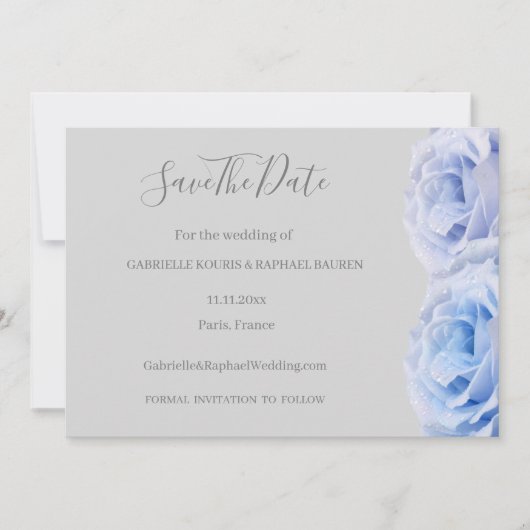 ダスティーブルーのローズ グレイ フラワーのSave The Date ウェディング 招待状 (正面)