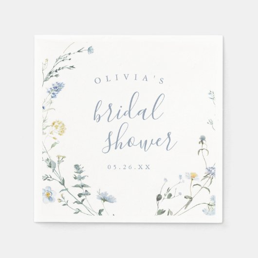 ダスティーブルーのワイルドフラワーのある素朴なボヘミアンスタイルのブライズシャワー スタンダードカクテルナプキン (正面)