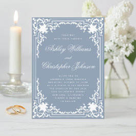 ダスティーブルーのヴィンテージエレガントホワイトスクリプトウェディング 招待状