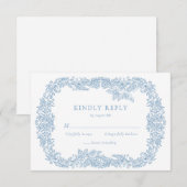 ダスティーブルーのヴィンテージ バロック フラワーリプライ 出欠カード (正面/裏面)