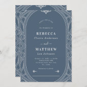 ダスティーブルーのヴィンテージ モダン デコ幾何学ウェディング 招待状 (正面/裏面)