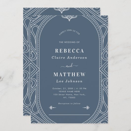 ダスティーブルーのヴィンテージ モダン デコ幾何学ウェディング 招待状 (正面/裏面)