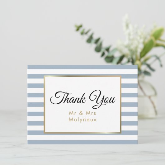 ダスティーブルーの偽ゴールド箔 結婚式のお礼 サンキューカード (スタンド正面)