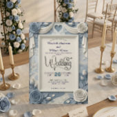 ダスティーブルーの偽立体感のある花の結婚式 招待状