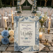 ダスティーブルーの偽立体感のある花の結婚式 招待状