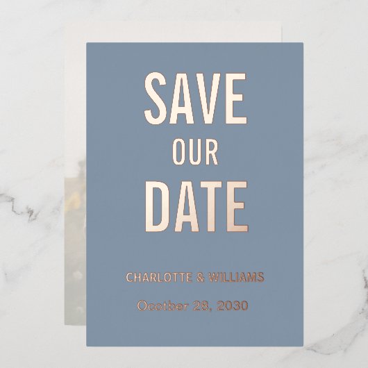 ダスティーブルーの写真オーバーレイでSave The Dateをゴールドで 箔招待状 (正面/裏面)