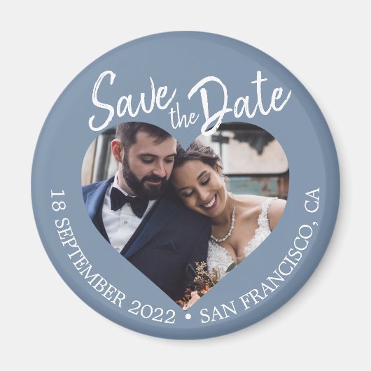 ダスティーブルーの写真 現代のスクリプトで「Save the Date」 マグネット (正面)