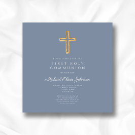 ダスティーブルーの十字架が付いた少年のはじめての聖体拝領 招待状