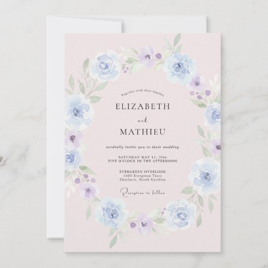 ダスティーブルーの春の花の結婚式 招待状 (正面)