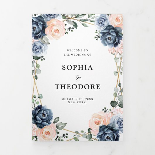 ダスティーブルーの桃色の花の幾何学的なウェディングトラ 三つ折り案内状 (カバー)