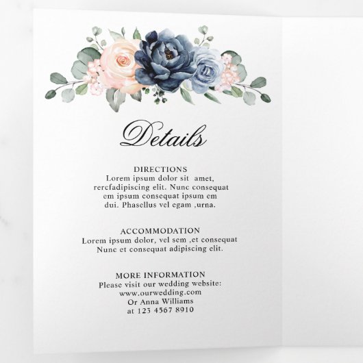 ダスティーブルーの桃色の花の幾何学的なウェディングトラ 三つ折り案内状 (内部最初)