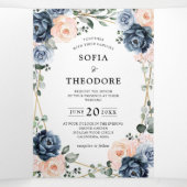 ダスティーブルーの桃色の花の幾何学的なウェディングトラ 三つ折り案内状 (内部中)