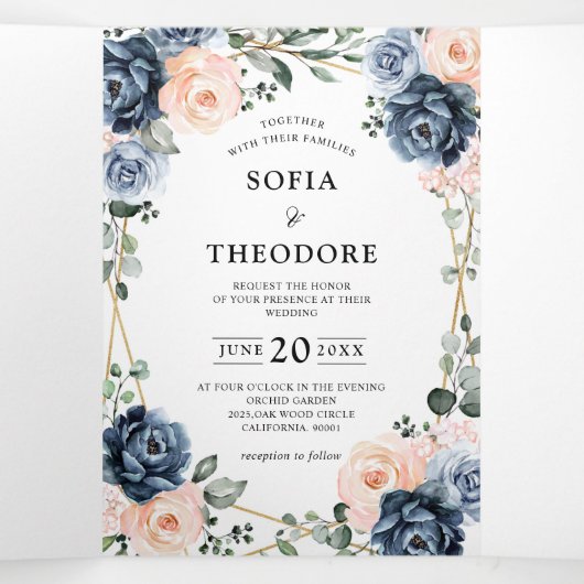 ダスティーブルーの桃色の花の幾何学的なウェディングトラ 三つ折り案内状 (内部中)