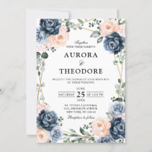ダスティーブルーの桃色の花の幾何学的なウェディング招待状