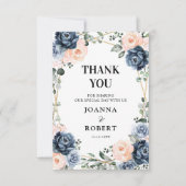ダスティーブルーの桃色の花の幾何学的なウェディングTh サンキューカード (正面)