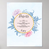 ダスティーブルーの水彩ウェディングデザートメニューサイン ポスター (正面)