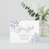 ダスティーブルーの水彩ローズ Save the Date ポストカード (スタンド正面)